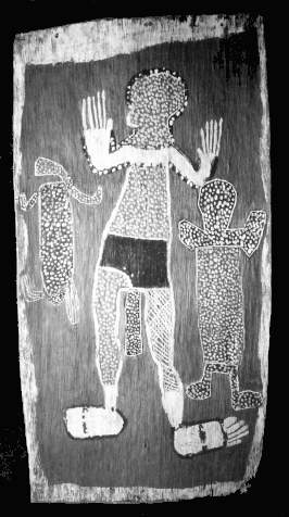Mangudji, Man With Leprocy, circa 1958. Bark Painting: yellow, white, black on red ground, 75 x 39.7 cm. Gift of Dr Stuart Scougall, 1961, Art Gallery of New South Wales